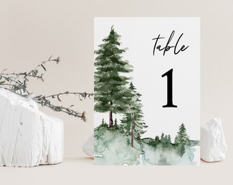 PINE TREE | Wedding Table Numbers Template, Printable, Green Forest, Instant Download