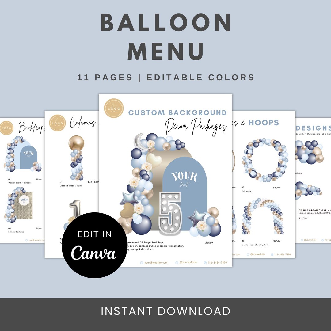 Balloon Menu Template | Light Blue and Gold Pricing List Canva (digital ...