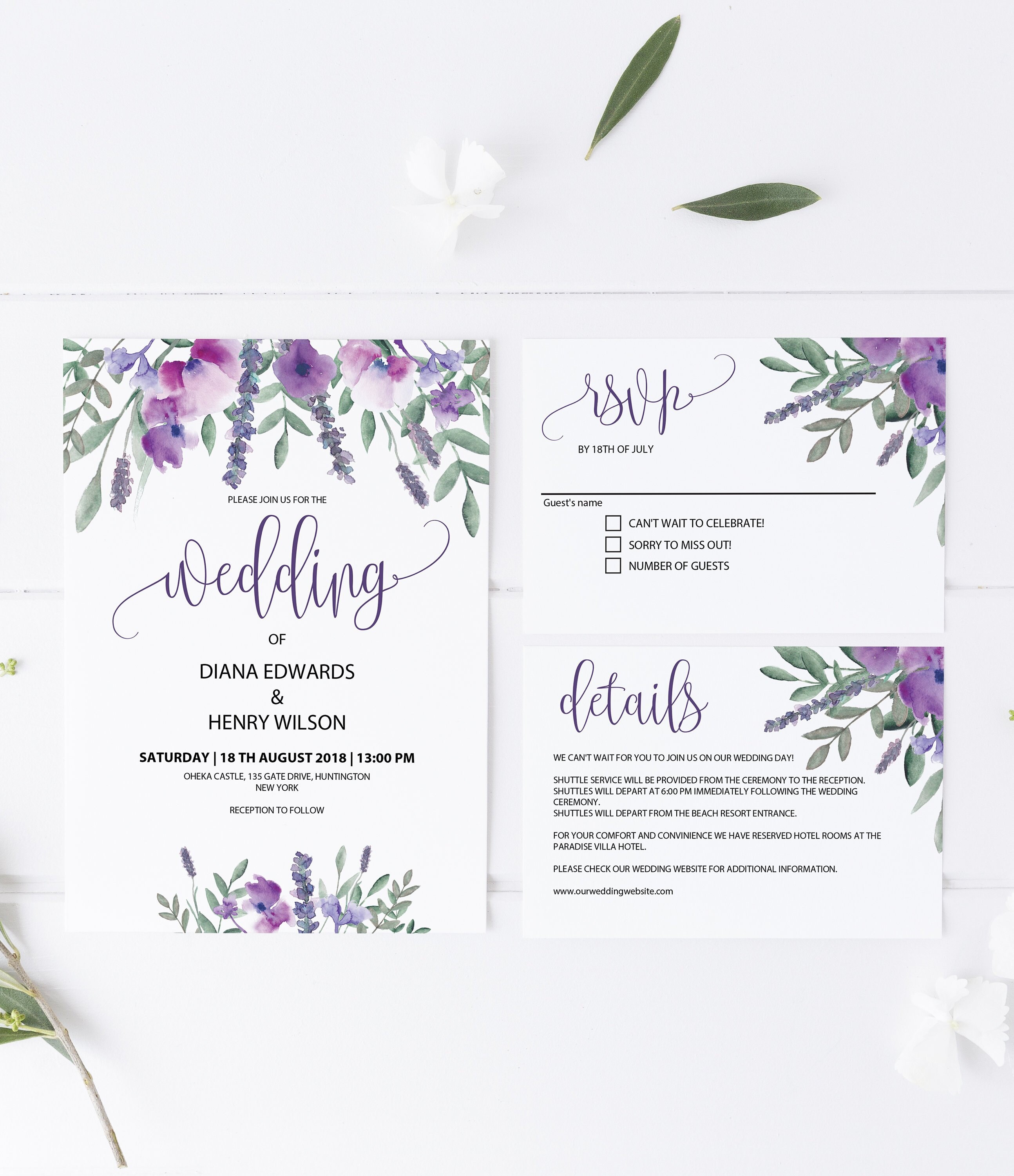 PURPLE  Wedding Invitation Template Set, Lavender, Printable Floral Cards,  INSTANT DOWNLOAD For Celebrate It Templates Place Cards