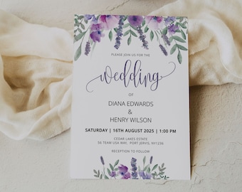 PURPLE | Wedding Invitation Template, Printable, Lavender Floral Invite Card, Digital Download