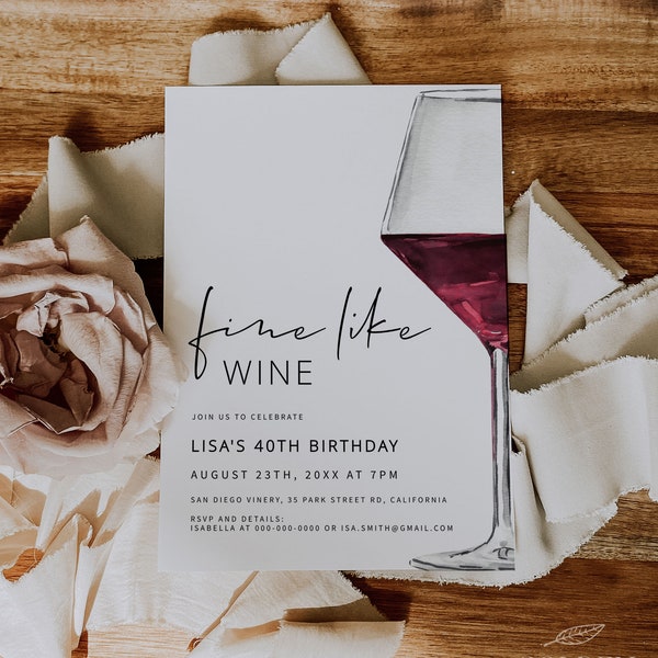 WINE | Birthday Invitation Template, Printable, Fine Like Wine, For Men and Women, Modern Minimalist Invite, Digital Download