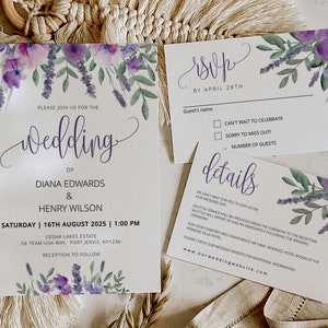 PURPLE | Wedding Invitation Template Set, Lavender, Printable Floral Cards, Digital Download