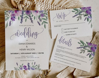 PURPLE | Wedding Invitation Template Set, Lavender, Printable Floral Cards, Digital Download