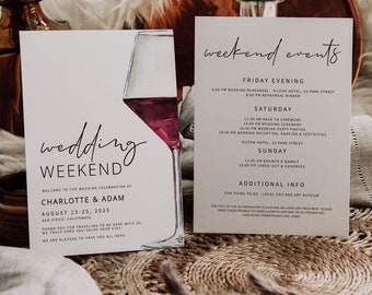 WINE | Wedding Weekend Events Itinerary Card Template, Printable, Wine Welcome Bag Note, Modern Invite, Digital Download