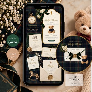 May include: A digital baby shower invitation template displayed on a smartphone screen, featuring a dark green plaid background, a teddy bear graphic, gold accents, and text including Baby Shower, Registry, and RSVP.