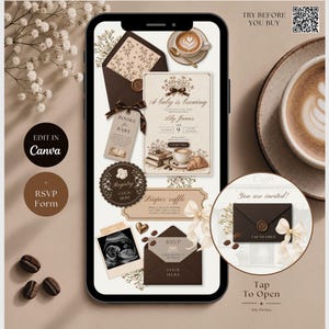 May include: A digital baby shower invitation template displayed on a smartphone screen, featuring a coffee theme with brown envelopes, a sonogram photo, and text reading A baby is brewing, Lily James, and RSVP. Includes interactive buttons.