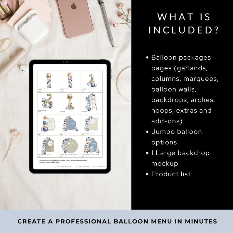 Balloon Menu Template | Light Blue and Gold Pricing List Canva (digital ...