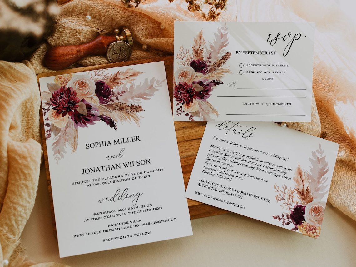 BURGUNDY Wedding Invitation Template Set Printable Boho image 1