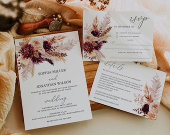 BURGUNDY | Wedding Invitation Template Set, Printable, Boho Invitation Suite, Instant Download