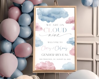 Può includere: Un cartello per una festa di rivelazione del sesso con un design di nuvole ad acquerello. Il cartello dice "We are on cloud nine" e "Welcome to Chris & Chloe's Gender Reveal" con la data e la posizione.