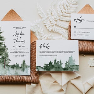 PINE TREE | Wedding Invitation Set, Printable Template, Green Forest, Digital Download