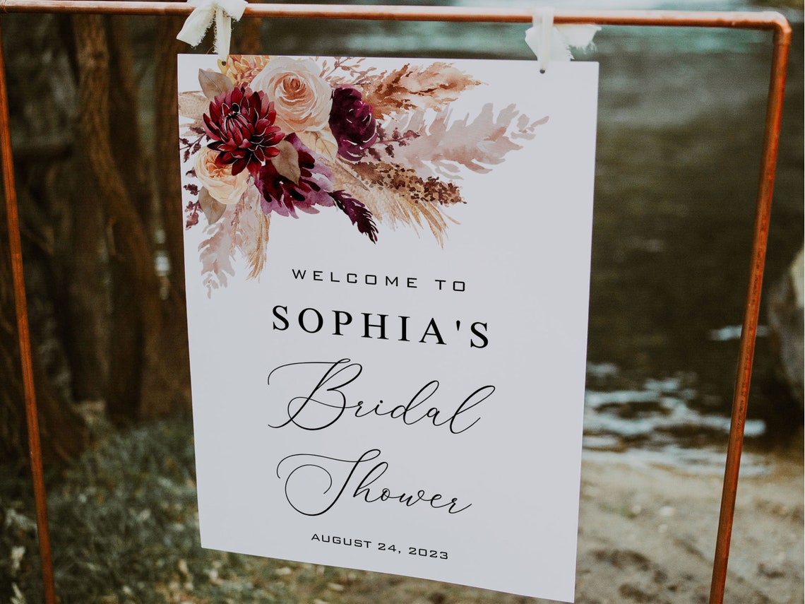 BURGUNDY Bridal Shower Welcome Sign Template Boho Floral image 2