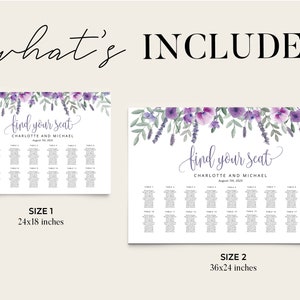 Puede incluir: Dos dise&ntilde;os imprimibles de plano de asientos de boda con un borde floral. El texto dice "find your seat" con los nombres de la pareja y la fecha de la boda. El plano m&aacute;s peque&ntilde;o es de 24x18 pulgadas y el m&aacute;s grande de 36x24 pulgadas.