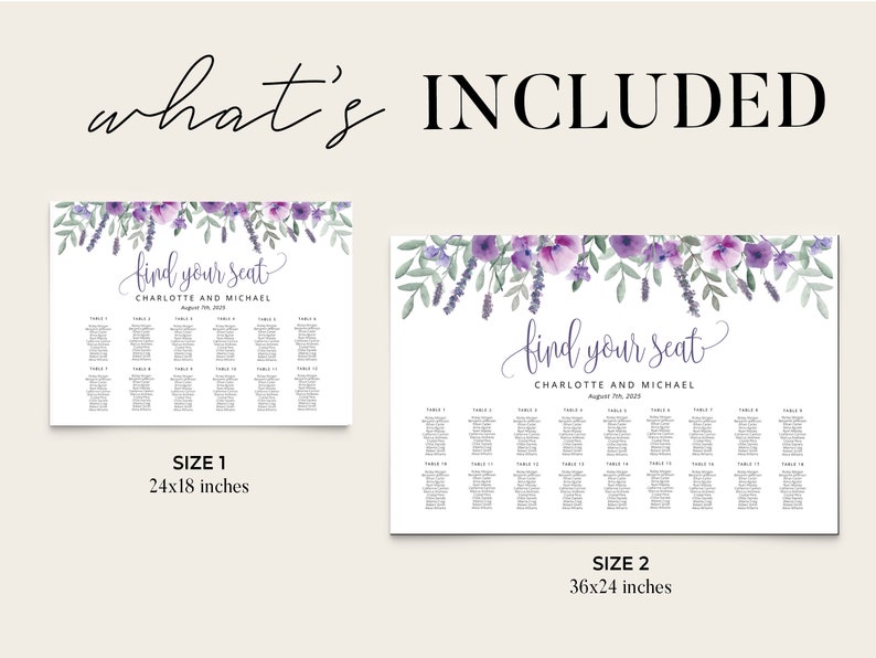 Puede incluir: Dos dise&ntilde;os imprimibles de plano de asientos de boda con un borde floral. El texto dice "find your seat" con los nombres de la pareja y la fecha de la boda. El plano m&aacute;s peque&ntilde;o es de 24x18 pulgadas y el m&aacute;s grande de 36x24 pulgadas.