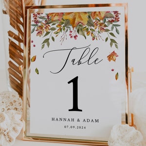 FALL LEAVES | Table Numbers, Printable Template, With Colorful Watercolor Leaves, Instant Download