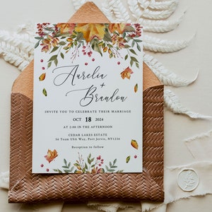 FALL LEAVES Wedding Invitation Template, Printable, Rustic Autumn, Instant Download image 3