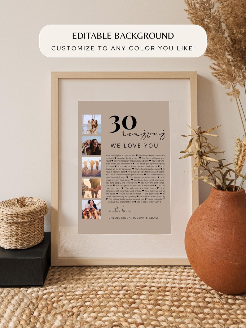 May include: Framed print with the text "30 reasons we love you" and four small photo collages. The print has a beige background and is in a light brown wooden frame. The text "Editable Background" is at the top.