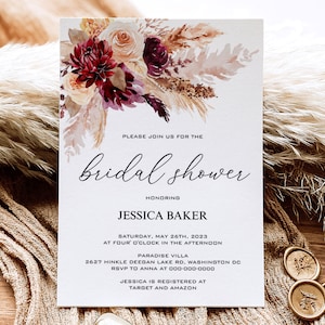 BURGUNDY | Bridal Shower Invitation Template, Printable, Boho Floral Invite, Instant Download