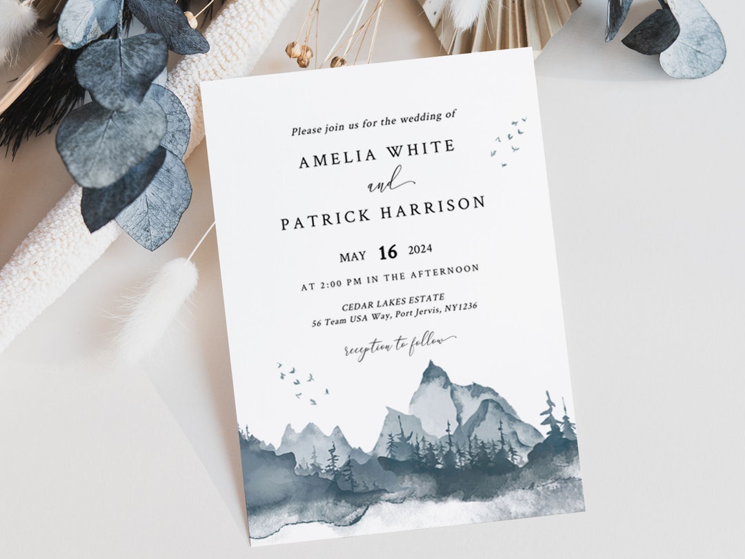 MOUNTAIN | Wedding Invitation Template, Printable, Blue Watercolor ...