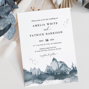 MOUNTAIN | Wedding Invitation Template, Printable, Blue Watercolor, Instant Download