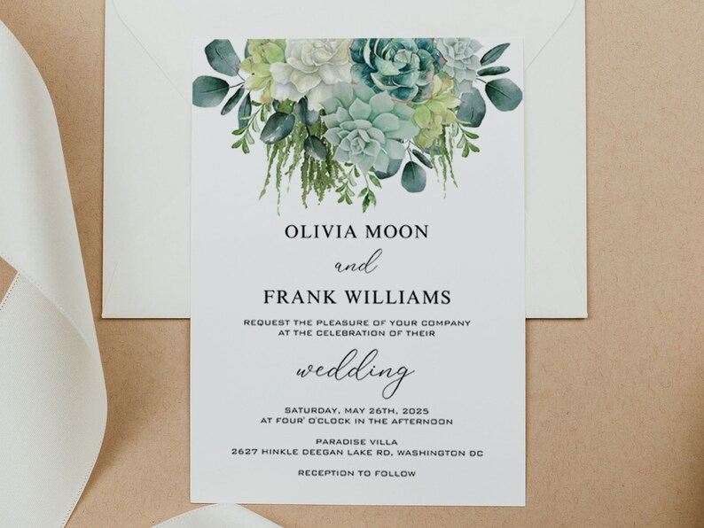 SUCCULENT Wedding Invitation Template, Printable, Boho Greenery, Digital Downlaod image 3