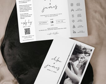 MINIMALIST | Mall för gatefold-bröllopsinbjudningar, med QR-kod, tidslinje för bröllop, vikta inbjudningar, utskrivbara mallar, digital nedladdning