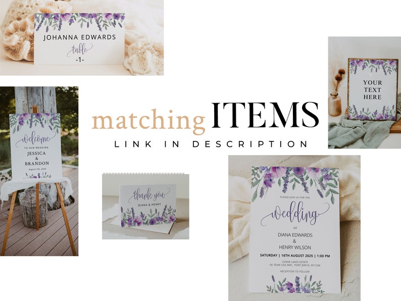 Puede incluir: Invitaci&oacute;n de boda floral morada con el texto "Por favor, &uacute;nase a nosotros para nuestra boda" y los nombres "Diana Edwards & Henry Wilson". La fecha y la hora de la boda tambi&eacute;n est&aacute;n incluidas: "S&aacute;bado 16 de agosto de 2025 | 1:00 PM".