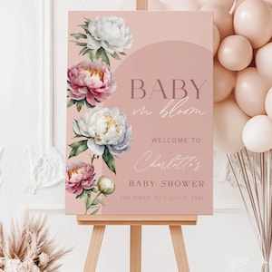 BABY IN BLOOM | Baby Shower Welcome Sign Template, Floral Peony, Pink Baby Girl, Wildflower, Digital Download