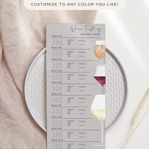 May include: A wine tasting score card with the text "Wine Tasting Score Card" and "Editable Background". The card features spaces to rate wine appearance, aroma, taste, and finish. Wine glasses with different colored wines are displayed.