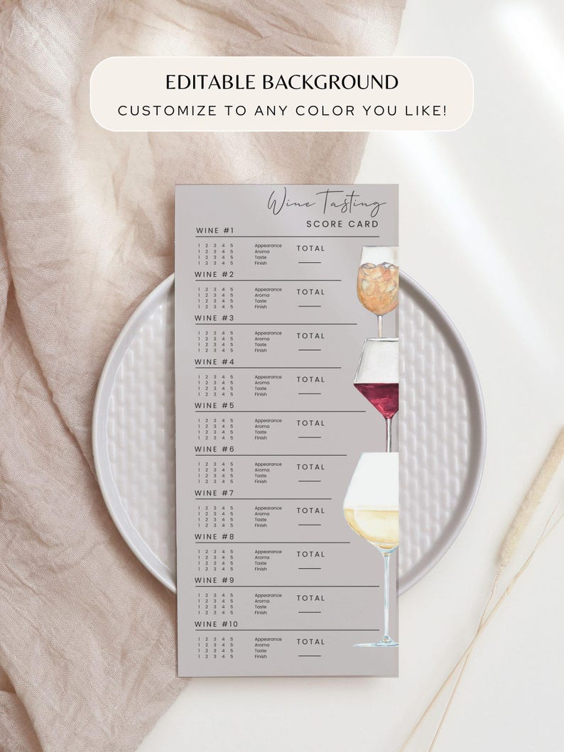 May include: A wine tasting score card with the text "Wine Tasting Score Card" and "Editable Background". The card features spaces to rate wine appearance, aroma, taste, and finish. Wine glasses with different colored wines are displayed.