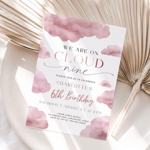 ON CLOUD NINE | Birthday Invitation Template, Printable, Pink, Girl, On Cloud 9 Invite, Digital Download