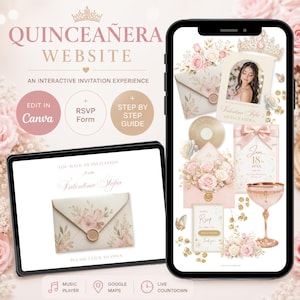 Puede incluir: Una plantilla de sitio web de invitación para Quinceañera mostrada en un teléfono inteligente y una tableta. El diseño presenta rosas rosa pálido, detalles dorados, una corona y un sobre con sello de cera. El texto incluye "QUINCEAÑERA WEBSITE" y "Valentina Sofia".