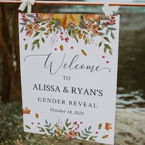 FALL LEAVES | Gender Reveal Welcome Sign Template, Printable, Rustic Autumn, Instant Download