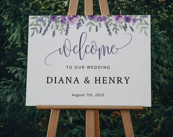 PÚRPURA / Signo de bienvenida de boda, plantilla imprimible, signo de ceremonia de lavanda, descarga digital