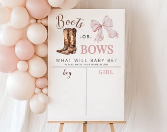 BOOTS OR BOWS | Gender Guess Board, He or She Sign, Western Themed Gender Reveal Decorations, Printable, Digital Download