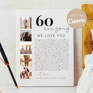 May include: A personalized canvas print with the text "60 reasons we love you." The print includes several small photos and is signed "with love, Chloe, Linda, Joseph & Adam." The words "Edit in Canva" are also visible.