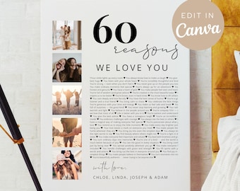 60 REASONS We Love You - Printable 60th Birthday Gift | Modern Minimalist Poster with Photos | Editable Canva Template | Digital Download