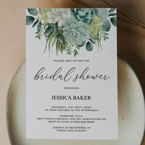 SUCCULENT | Bridal Shower Invitation Template, Printable Boho Greenery Invites, Digital Download