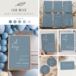 Modelli per Baby Shower OH BOY / Baby Shower, Azzurro Polvere, Inviti Stampabili, Baby Shower per Maschietti, Giochi, Etichette Bomboniere, Download Digitale
