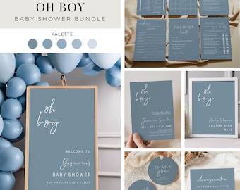 Modelli per Baby Shower OH BOY / Baby Shower, Azzurro Polvere, Inviti Stampabili, Baby Shower per Maschietti, Giochi, Etichette Bomboniere, Download Digitale