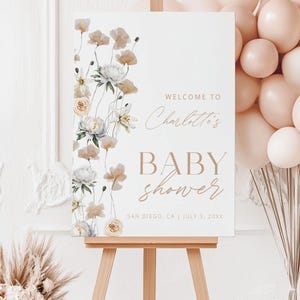 BABY IN BLOOM | Baby Shower Welcome Sign Template, Beige Floral, Baby Girl, Wildflower, Digital Download