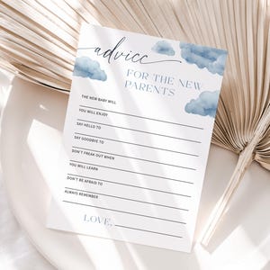 SUR CLOUD NINE | Conseils pour une fête prénatale pour les parents, cartes de vœux, modèles, bleu poudré, imprimable, fête de naissance nuage, téléchargement numérique