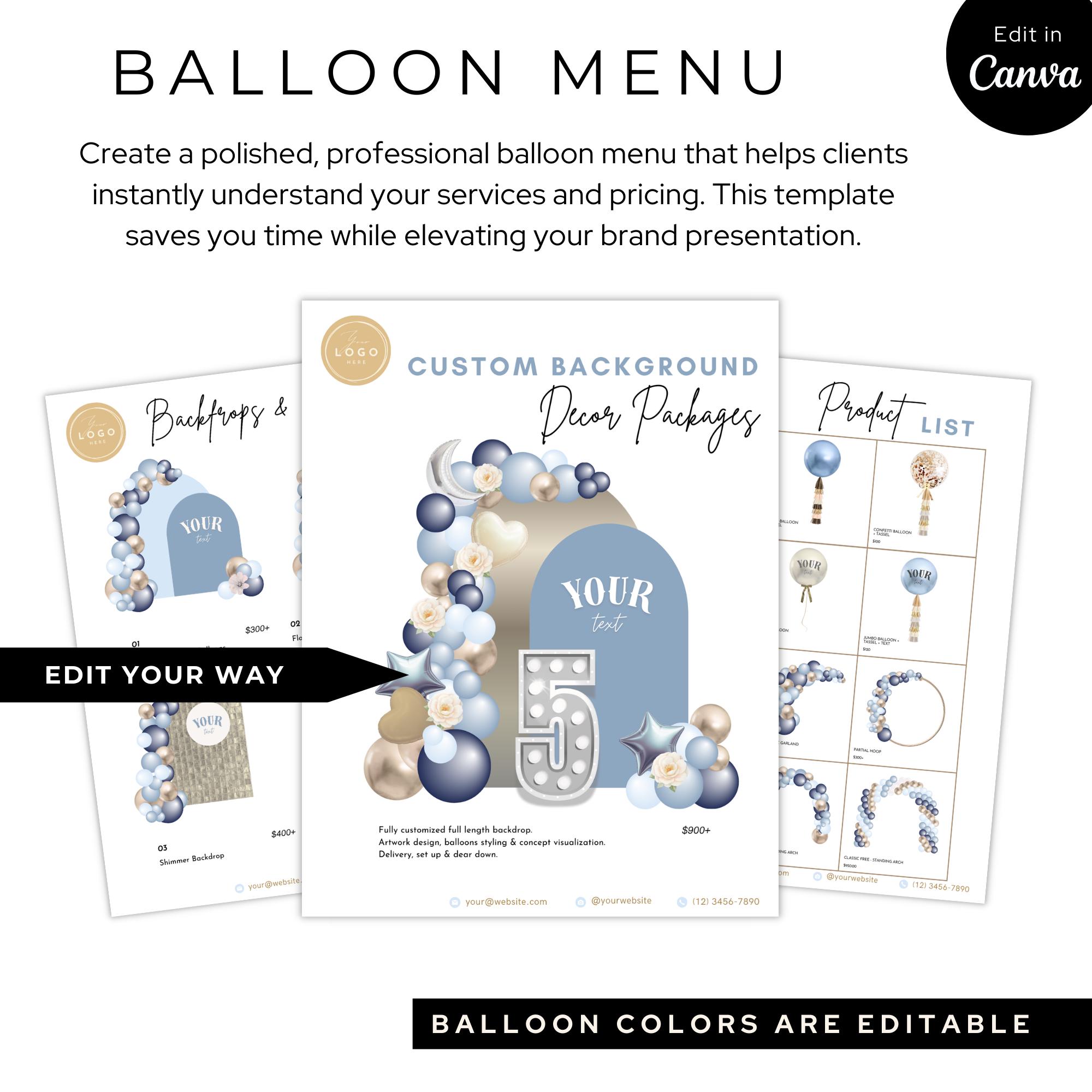 Balloon Menu Template | Light Blue and Gold Pricing List Canva (digital ...