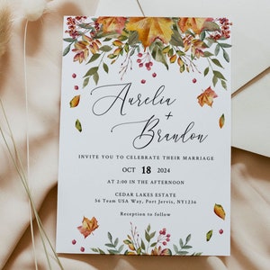 FALL LEAVES Wedding Invitation Template, Printable, Rustic Autumn, Instant Download image 2