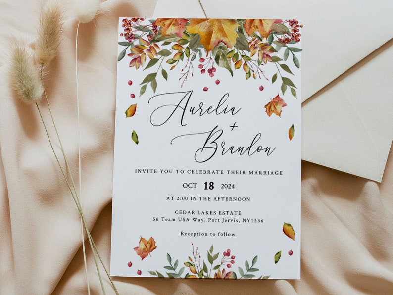 FALL LEAVES Wedding Invitation Template, Printable, Rustic Autumn, Instant Download image 2