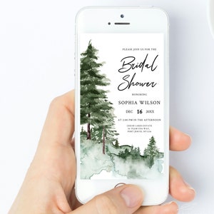 PINE TREE | Bridal Shower Evite Template, Online, Virtual, Electronic Bridal Shower Invite, Text Invite, Green Forest, Digital Invitations