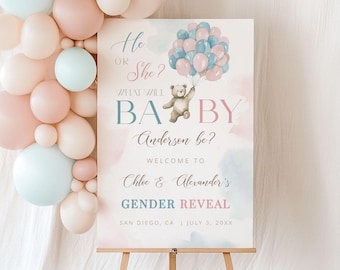 BEAR | Gender Reveal Welcome Sign Template, We can Bearly Wait, Dusty Blue & Blush Pink Balloons, Baby Boy or Girl, Digital Download