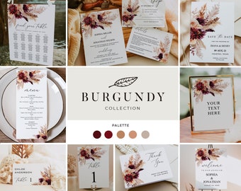 BURGUNDY | Wedding Template Suite, Printable, Boho Floral, Complete Invitation and Décor Set, Instant Download