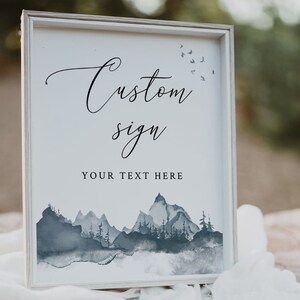 MOUNTAIN | カスタムサインテンプレート、印刷可能、青い水彩画、即時ダウンロード