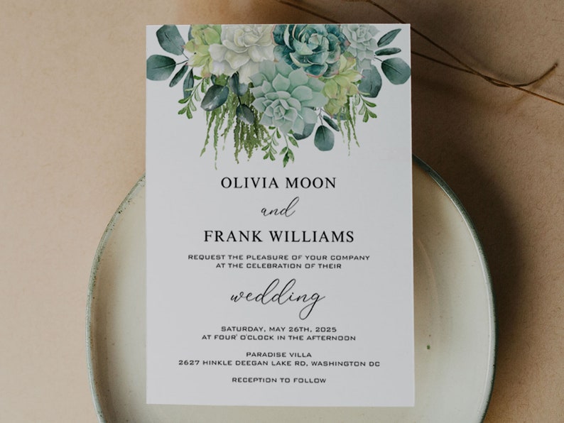 SUCCULENT Wedding Invitation Template, Printable, Boho Greenery, Digital Downlaod image 1